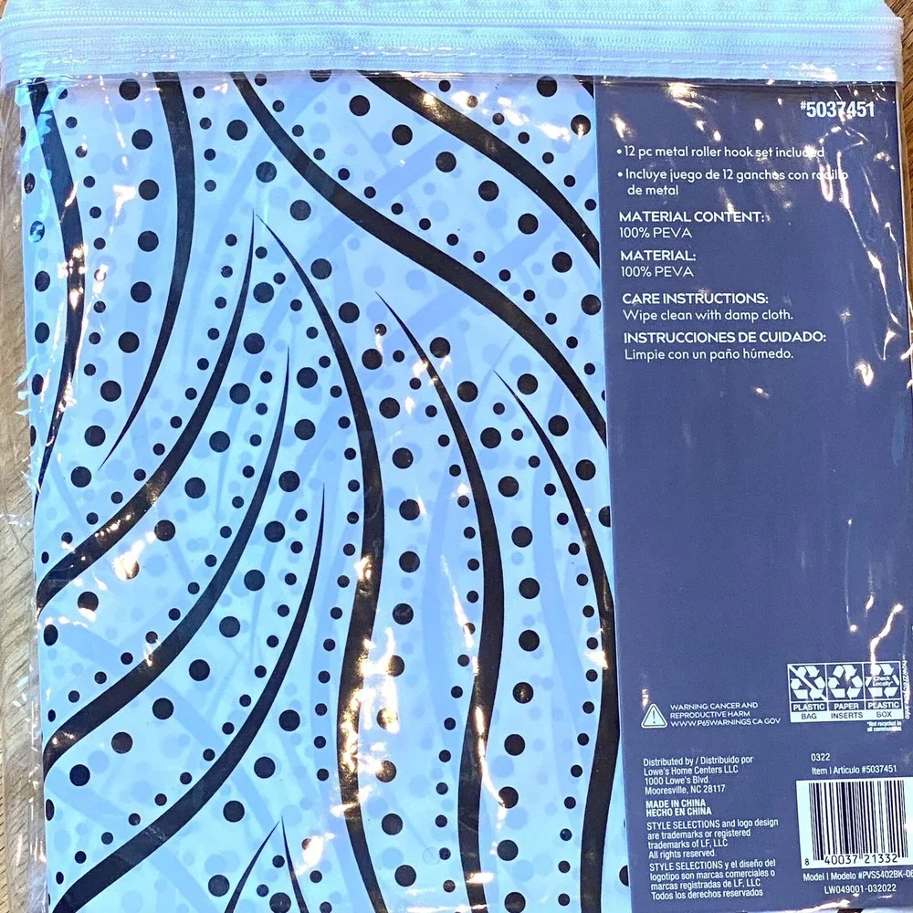 Style Selections Shower Curtain Black White Wave Dot‎ PEVA Hook Set 70x72